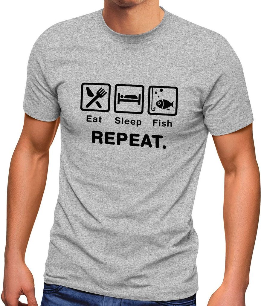 Herren T-Shirt mit Spruch Eat Sleep Repeat Mega Mix Fun-Shirt lustige Geschenke Moonworks Fish grau-meliert M