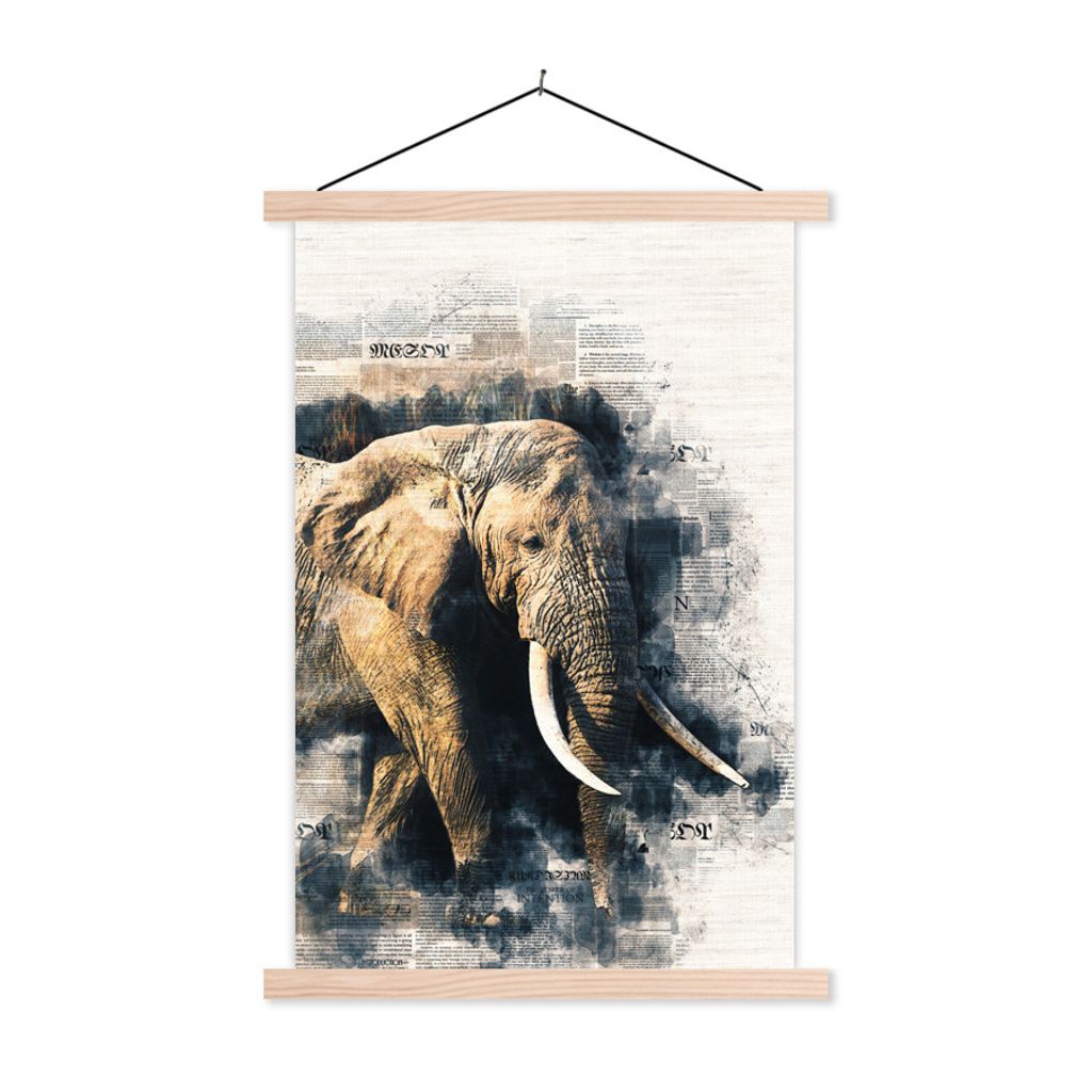 MuchoWow Textilposter Elefant - Farbe - Zeitungspapier 60x90 cm mit holzfarbenen Rahmen - Textil