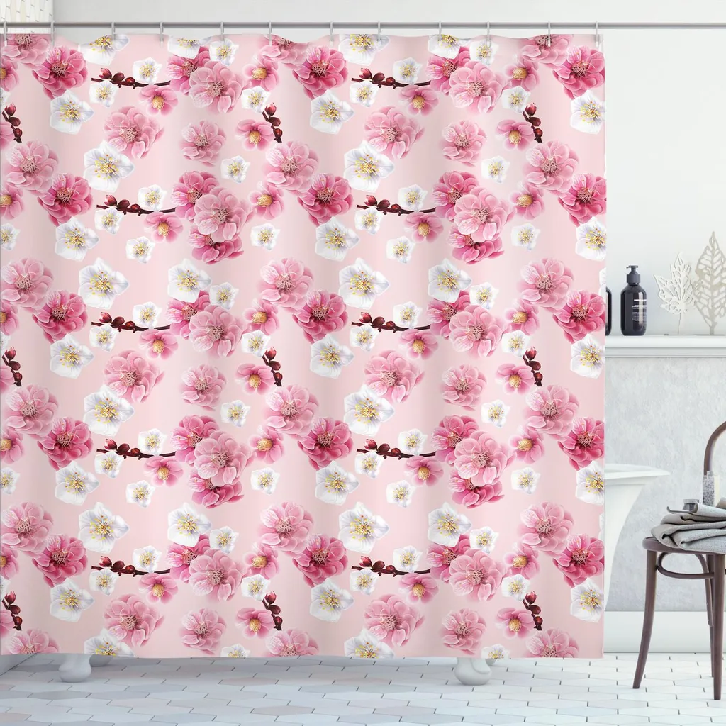 Tenda Da Doccia Giapponese Con Fiori Di Ciliegio Rosa - 183x183 Cm - Impermeabile Con 12 Ganci - Stampa Sakura - 2