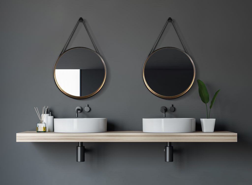 Badezimmerspiegel Talos Golden Style Ø 55 cm - Wandspiegel mit Aufhängegurt in Lederoptik - Badspiegel mit hochwertigem goldfarbenen Aluminiumrahmen