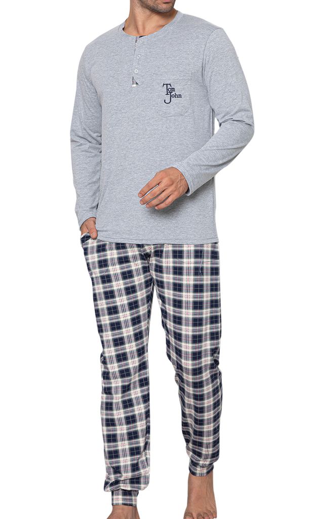 LOREZA ® Herren Pyjama Set lang Zweiteiliger Schlafanzug Baumwolle Langarm Kariert Hausanzug M-5XL