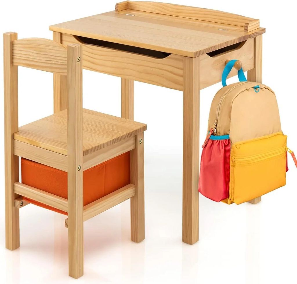 Kindertisch mit Stuhl - Kindermöbel-Set - Massivholz - Klappbare Tischplatte - Mit Stauraum - Montage erforderlich - Gelb