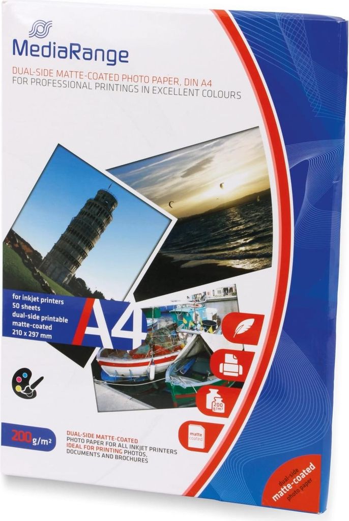 The image shows the front of a product box for MediaRange dual-side matte-coated photo paper.