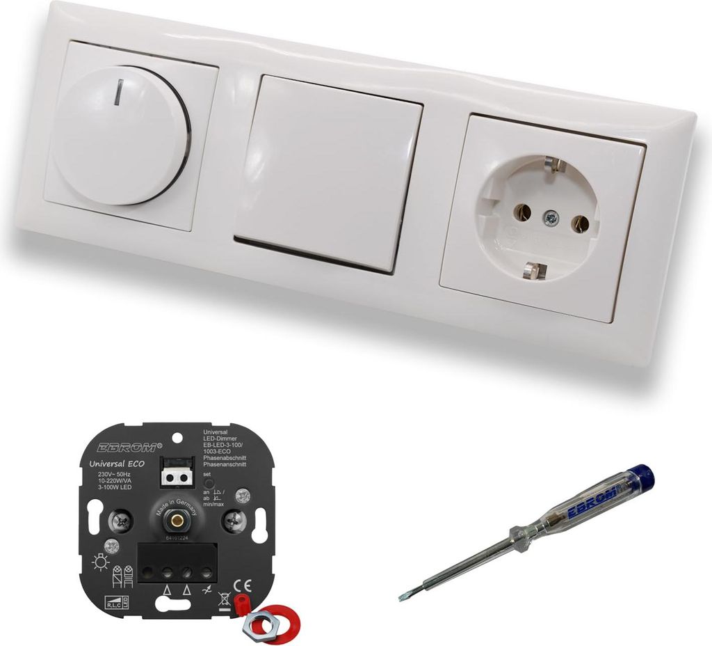 EBROM 1003 Universal ECO LED Drehdimmer Dimmer + Busch Jäger Dimmerscheibe 2115-914 + Taster 2020US + Steckdose 20EUC-914 Balance Si alpinweiß gl...