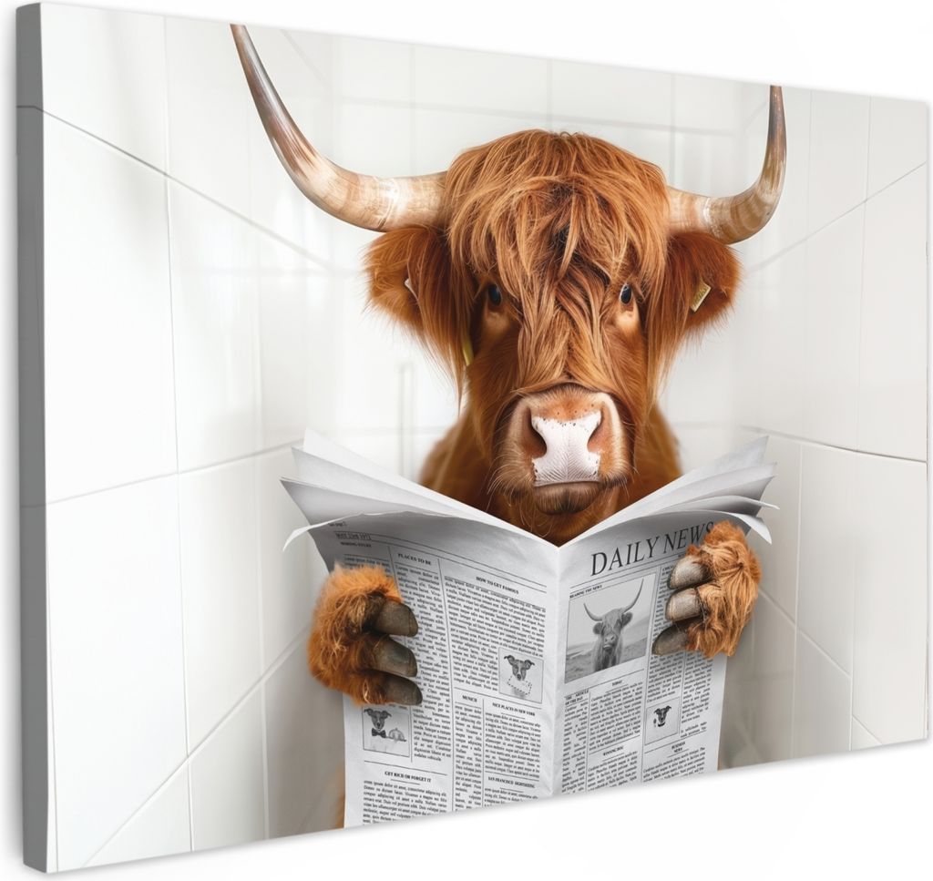 MuchoWow - Leinwandbilder - Schottischer Highlander - Tier - Zeitung - Toilette, Wandbild, Wanddeko Bilder Wohnzimmer, 30x20 cm