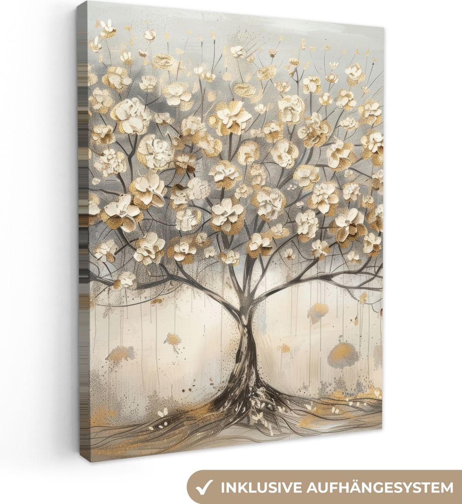 Leinwand Bilder 30x40 cm - Lebensbaum - Beige - Gold - Gemaltes Aussehen - Grau, Bilder, Wanddeko Wohnzimmer