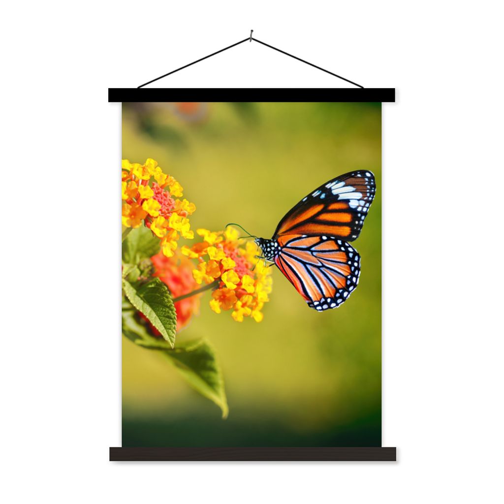 MuchoWow Textilposter Schmetterling - Insekten - Blumen - Gelb 90x120 cm mit schwarzem Rahmen - Dekoration
