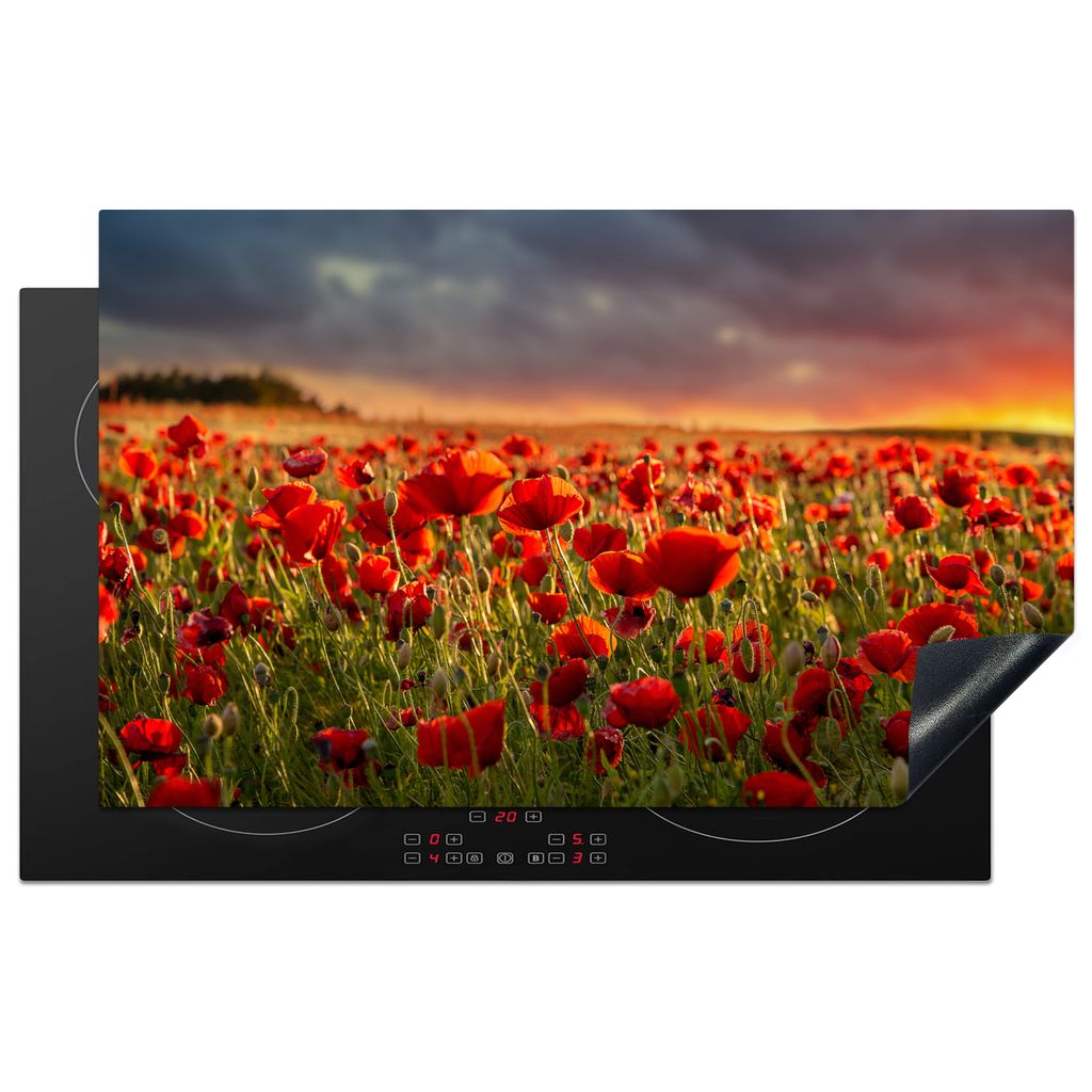 KitchenYeah Herdabdeckplatte Sonnenuntergang - Mohnblumen - Rot - Blumen - Feld - Natur , 83x51cm, Küche Deko, Glaskeramikkochfeld Herdabdeckung...