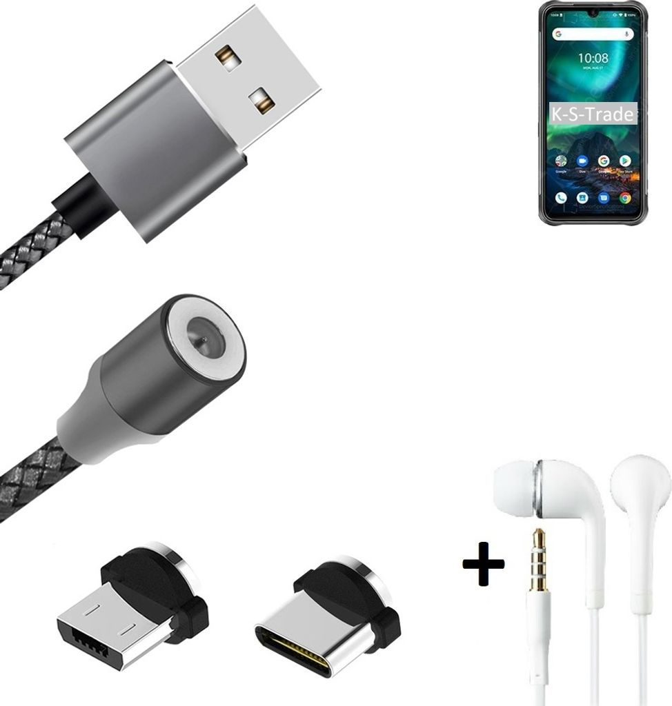 K-S-Trade Hochwertiges Magnet-Lade-kabel Sync-Kabel Daten-Kabel + Kopfhörer kompatibel mit UMIDIGI Bison 2021 mit USB-Typ-C-Anschluss und