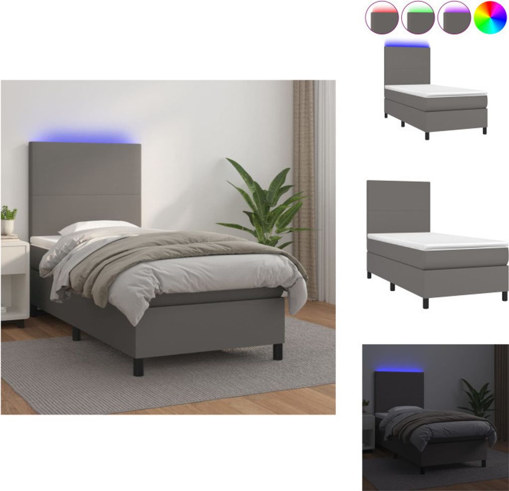 vidaXL Boxspringbett mit Matratze & LED Grau 90x200 cm Kunstleder - Betten & Bettgestelle