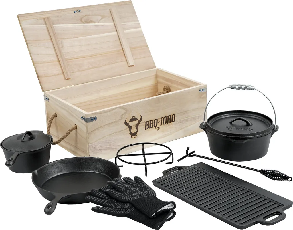 Set de cuisine Dutch Oven en fonte avec plaque de gril et caisse en bois