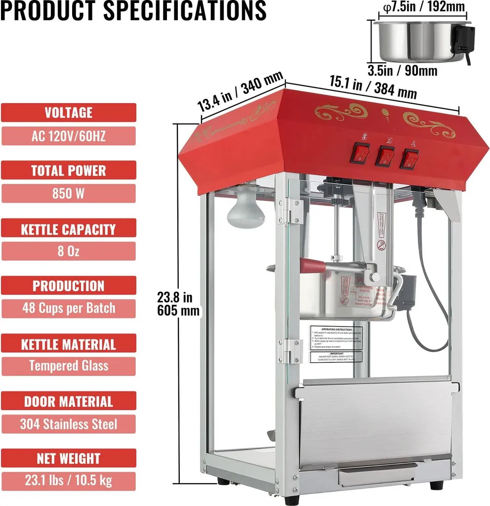 Machine à pop-corn conviviale 850 W : système de cuisson rapide 8 oz - 2