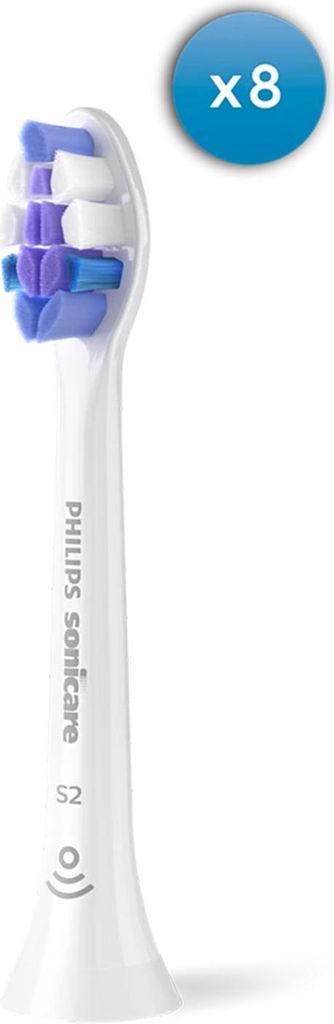 A close-up of a Philips Sonicare S2 Sensitive toothbrush head with a blue circle overlay indicating 'x8'.