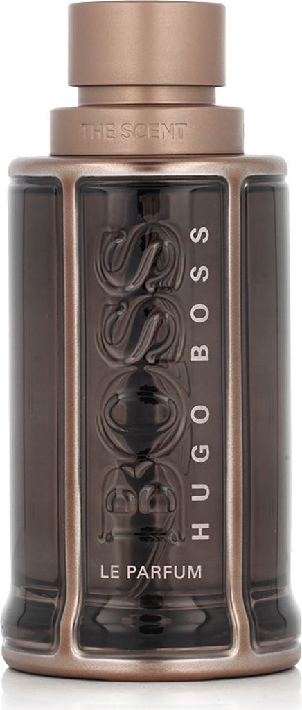 A close-up studio shot of a Hugo Boss perfume bottle.