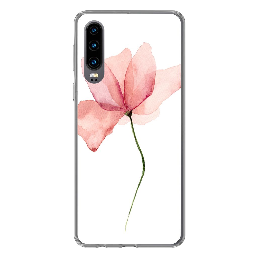 MuchoWow Handyhülle Schutzhülle Hülle für Huawei P30 Blumen - Aquarell - Rosa Silikon Softcase Handy Hülle - Kartenbesitzer