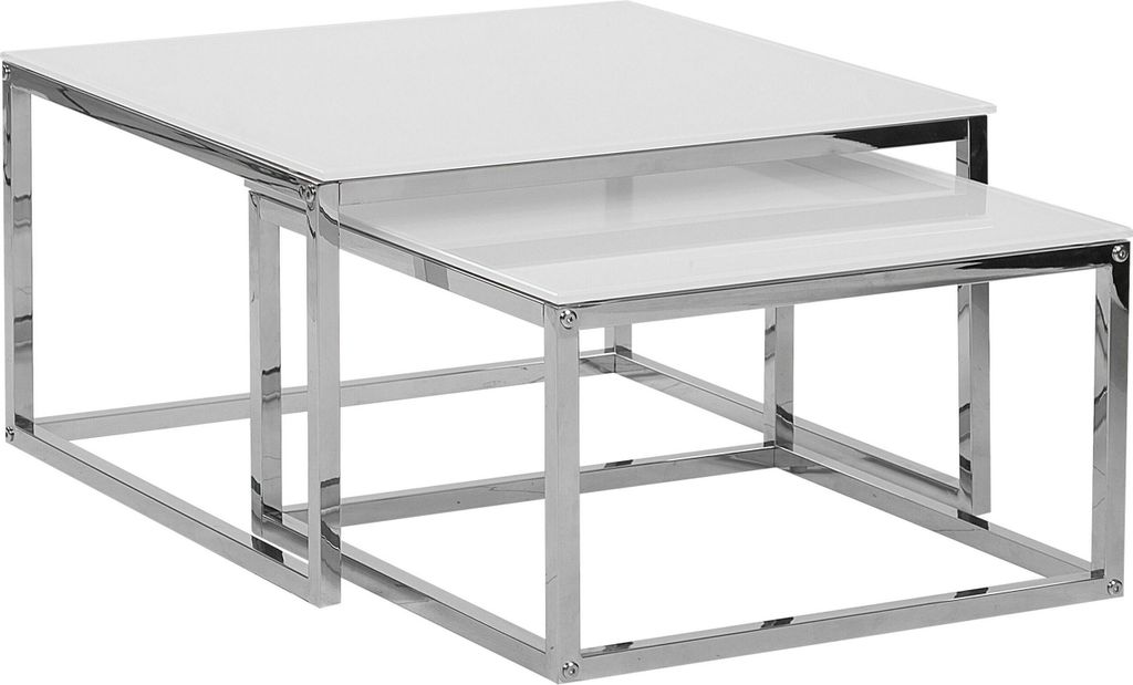 BELIANI Couchtisch 2er Set Weiß mit Silber Glastischplatte Metallbeinen Poliert Minimalistisch Quadratisch Modern