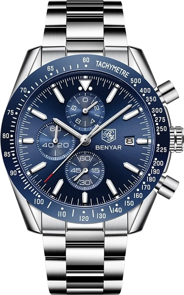 Montre-bracelet de Luxe pour Homme Chronographe Argent et Bleu Benyar