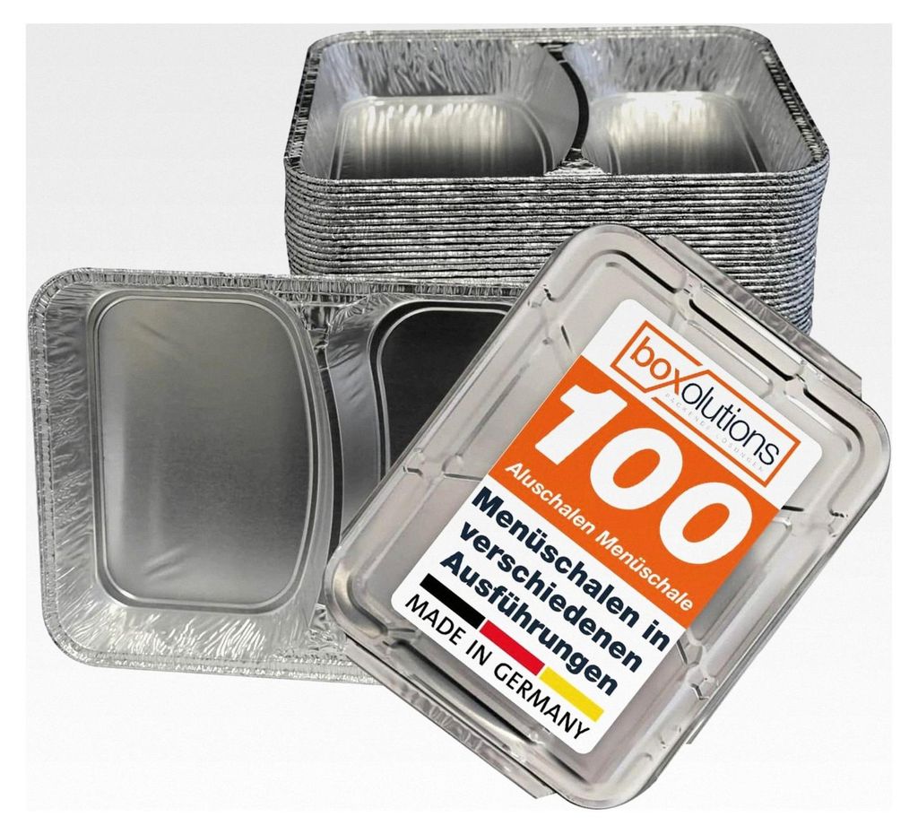 100 Aluschalen - Grillschalen in verschiedenen Ausführungen - Tropfschalen mit Deckel in Markenqualität - 2-geteilt tief (227x177x39mm)