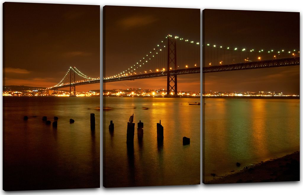 Leinwandbild 3-teilig (120x80cm): Golden Gate Bridge San Francisco at nigh Stadtebilder Skyline Nacht, echter Holz-Keilrahmen inkl. Aufhänger, han...
