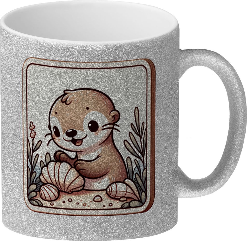 Baby Otter mit Muschel Retro Glitzer-Kaffeebecher