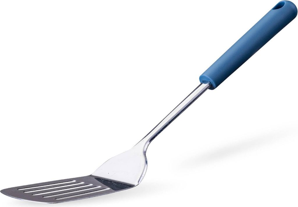 Fackelmann Schlitzwender Essential aus Edelstahl mit ergonomischem dunkelblauen Griff Ideal für jede Küche, spülmaschinengeeignet