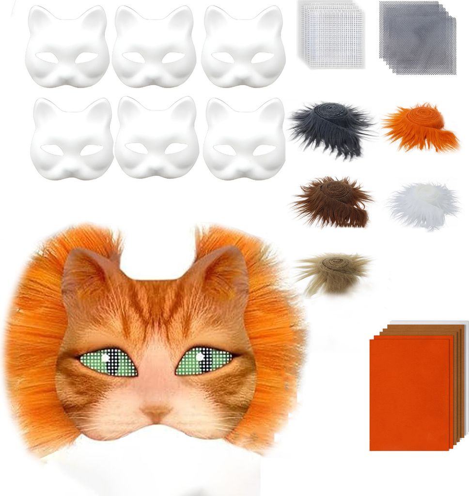 DIY Therian Masque Kit Katze Fuchs Tiergesichtskissen mit Fell Halloween Rollenspiel-Requisite für Maskerade Karneval Cosplay Party Supplies