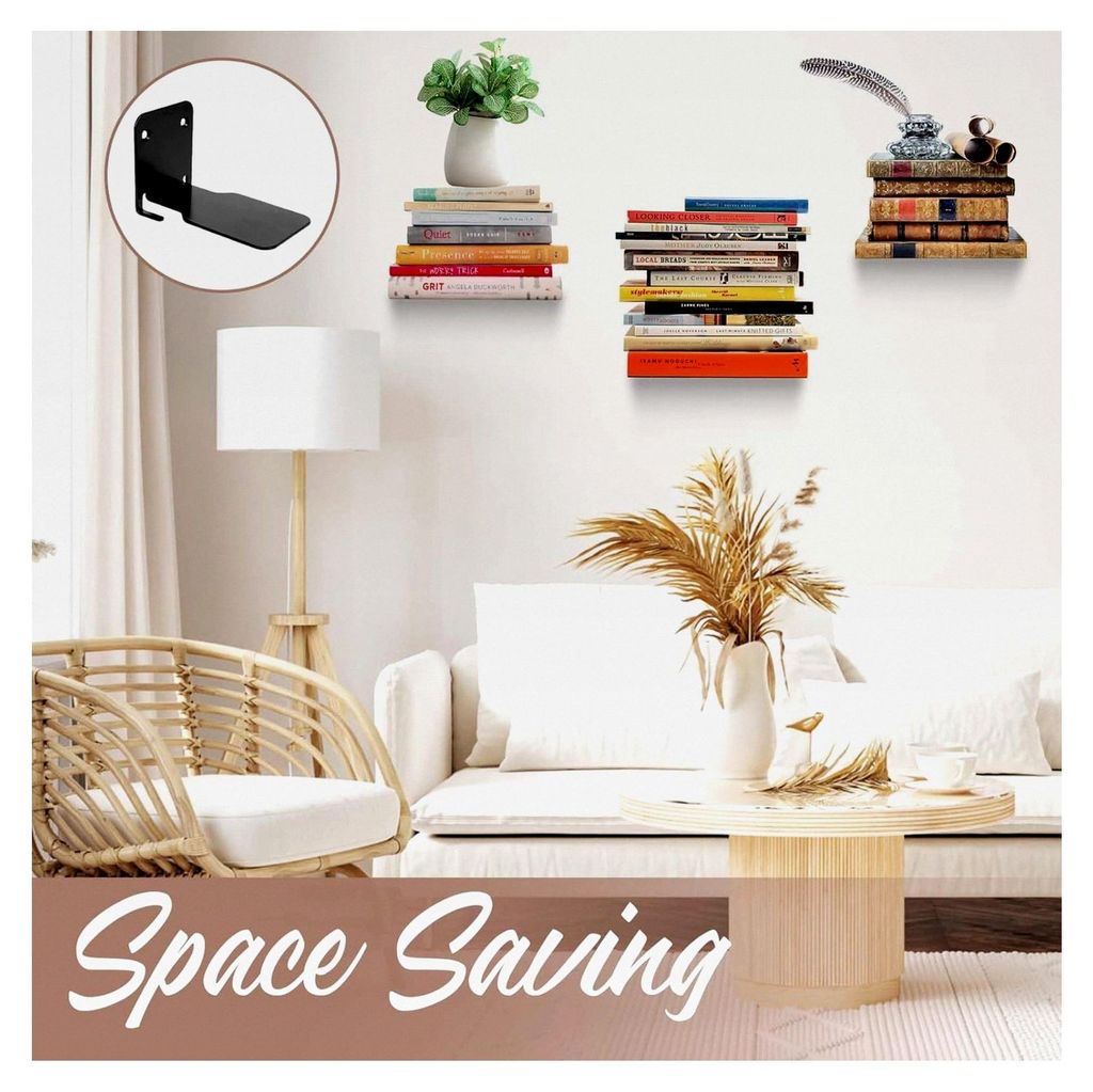 4 Stück Unsichtbares Bücherregal Schwebendes Regal Metall für Bücher Wandregal für Schlafzimmer