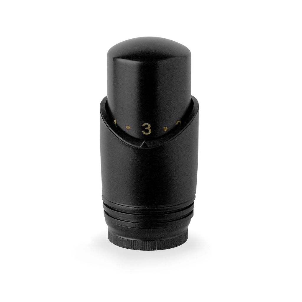 A black thermostat head with gold markings is shown against a white background.