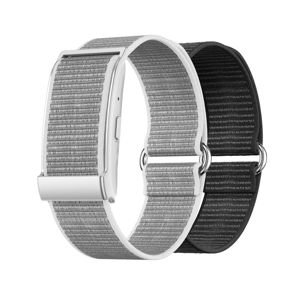 Two fitness bands, one silver and one black, are shown side-by-side against a white background.