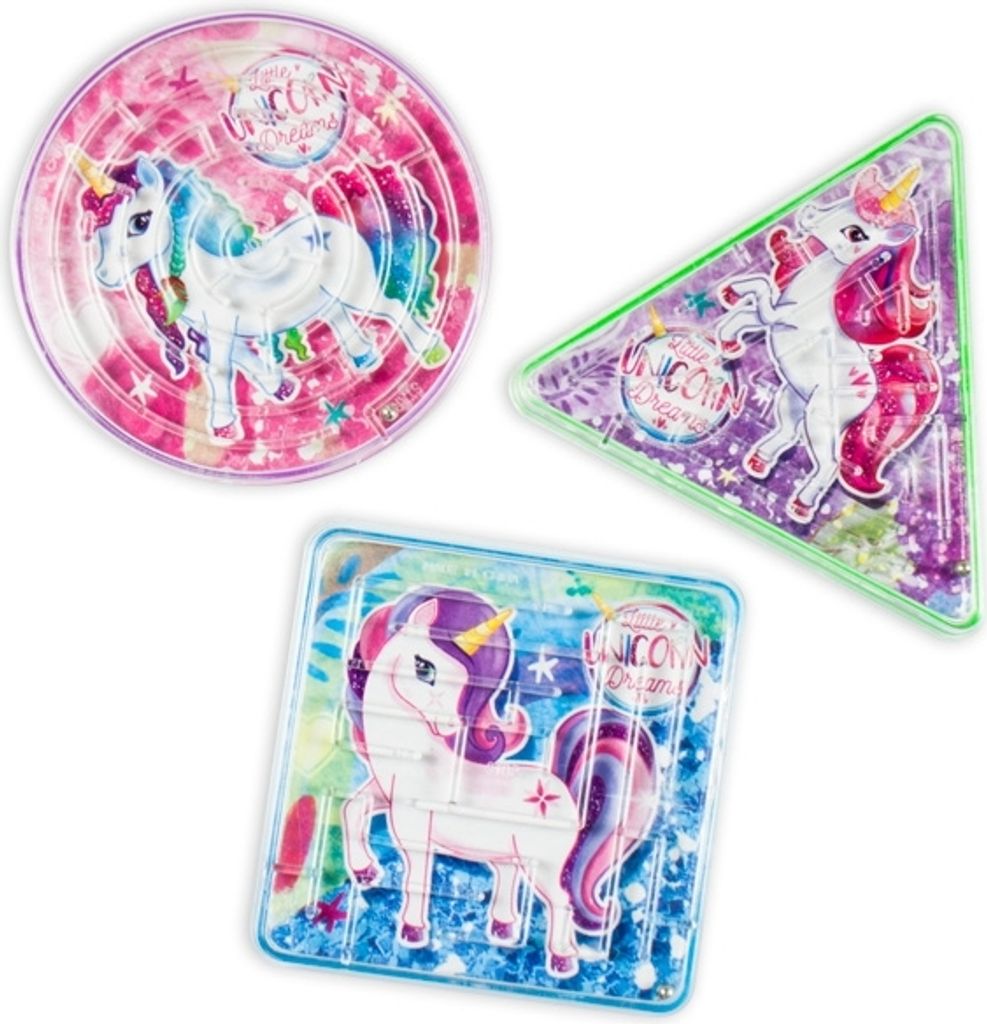 Three unicorn-themed maze games in different shapes (round, triangle, square) on a white background.