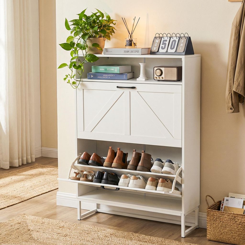 HOKEEPER Schuhschrank 2 Klappen, Schuhkipper, Shoe Cabinet, freistehendes schmales Schuhregal, Schuhkommode für Eingangsbereich für 18-24 Paar Sc...