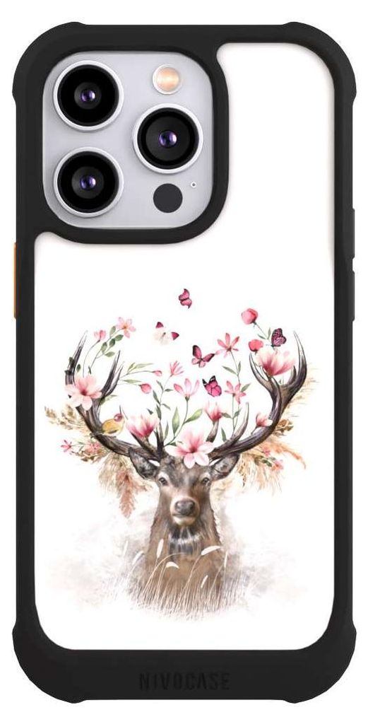 NIVOCASE Hülle für Apple iPhone 14 Pro Stoßfeste Handyhülle NIVOmax Case Schwarz Blumen Hirsch Tiere