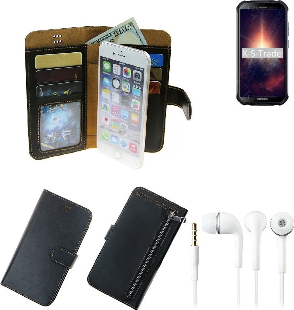TOP SET Portemonnaie Schutz Hülle kompatibel mit Doogee S40 Pro schwarz aus Kunstleder + Kopfhörer Walletcase Smartphone Tasche vollwertige