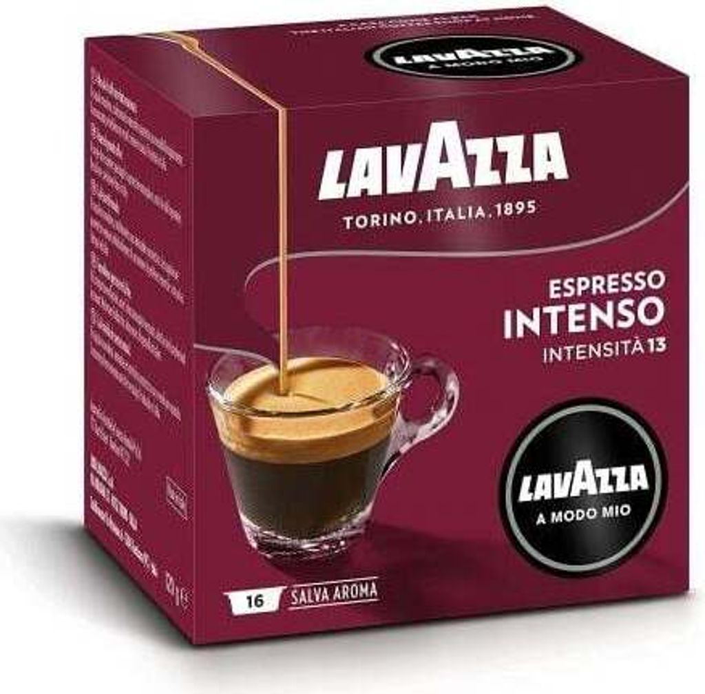 A box of Lavazza A Modo Mio Espresso Intenso coffee capsules, with a glass of espresso shown.