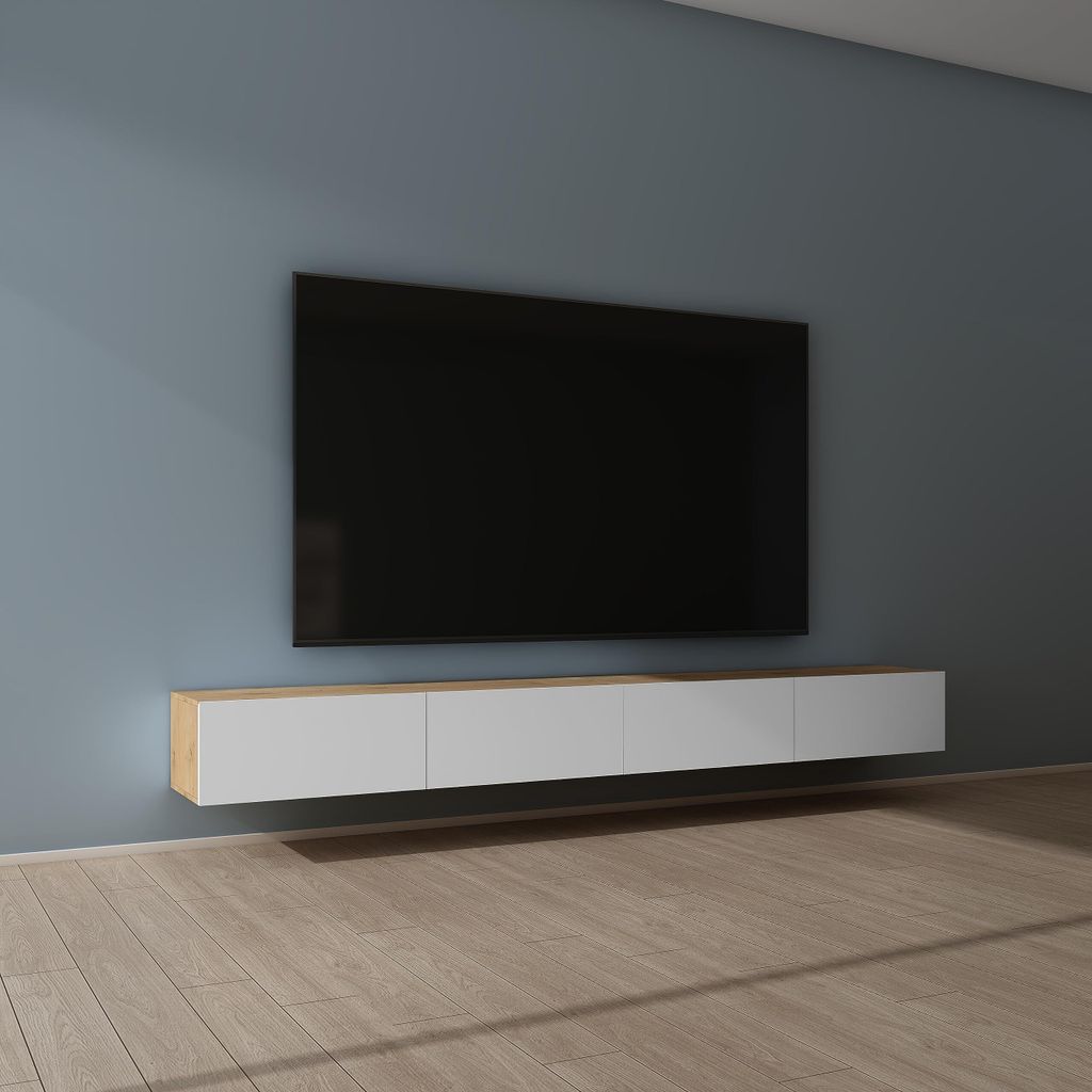 Mai & Mai Fernsehschrank Verdeckter Griff mit Soft-Close Lowboard Hängeschrank für Wohnzimmer in Kerneiche + Matt Weiß BTH: 280x40,2x30 cm Ferns...