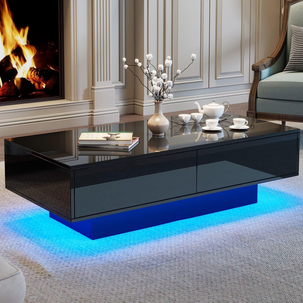Couchtisch Moderner Hochglanz Kaffetisch mit LED-Beleuchtung 115x55x34 cm, Sofa-Beistelltisch mit 2 Schubladen für kleine Räume