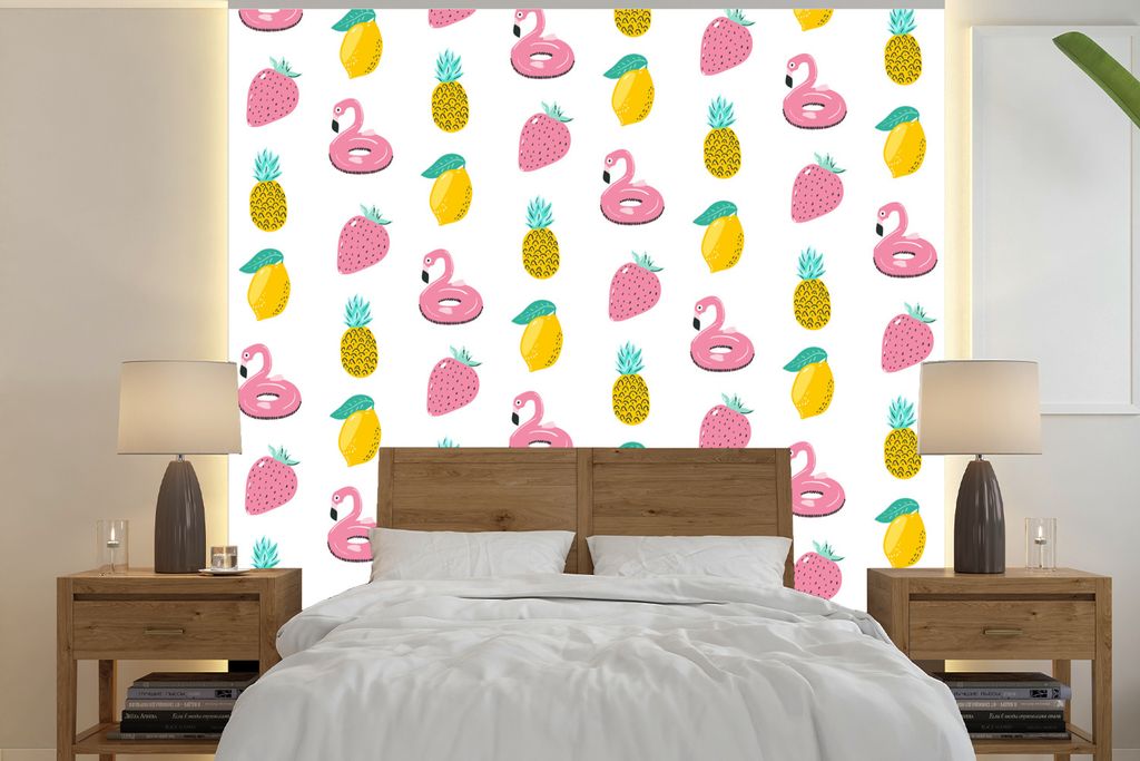 MuchoWow Fototapete für Wohnzimmer oder Schlafzimmer Wandtapete Vinyl Motivtapete Sommer - Obst - Muster - 350x350 cm - Schlafzimmertapete