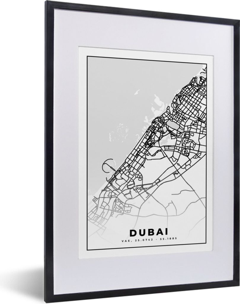 MuchoWow Gerahmtes Poster Dubai - Karte - Stadtplan - Schwarz und weiß 30x40 cm - Poster mit Schwarzem Bilderrahmen Wandposter Rahmen Foto Bilde...