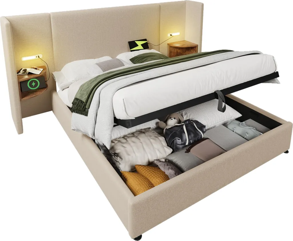 MODFU Lit coffre 180x200 cm - Lit double avec charge USB et Lampe - Beige - 10