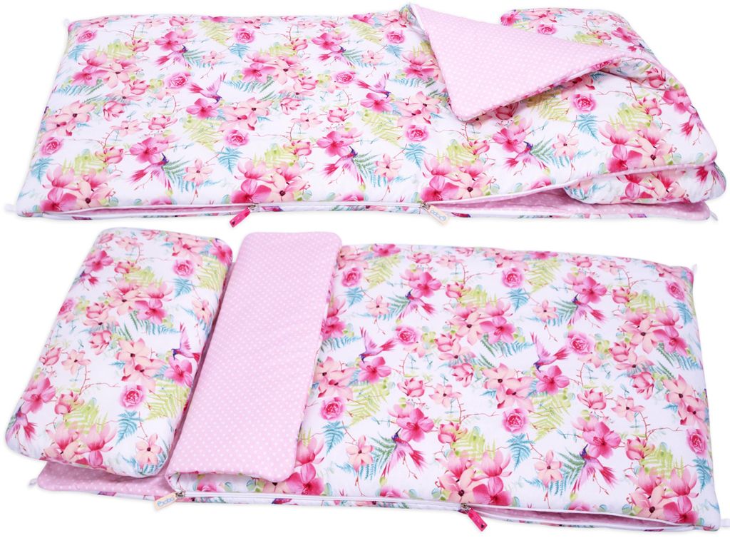 Schlafsack für Kinder BOBO 155x70 cm Winter/Sommer mit Temperaturregulierung, Baumwolle - rosa Blumen
