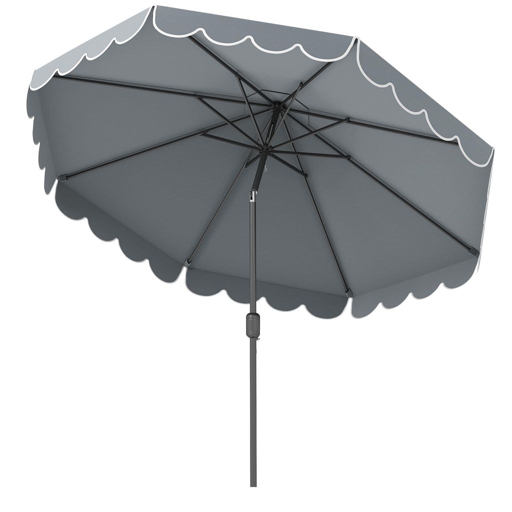 A gray patio umbrella with a scalloped white edge, shown from underneath.