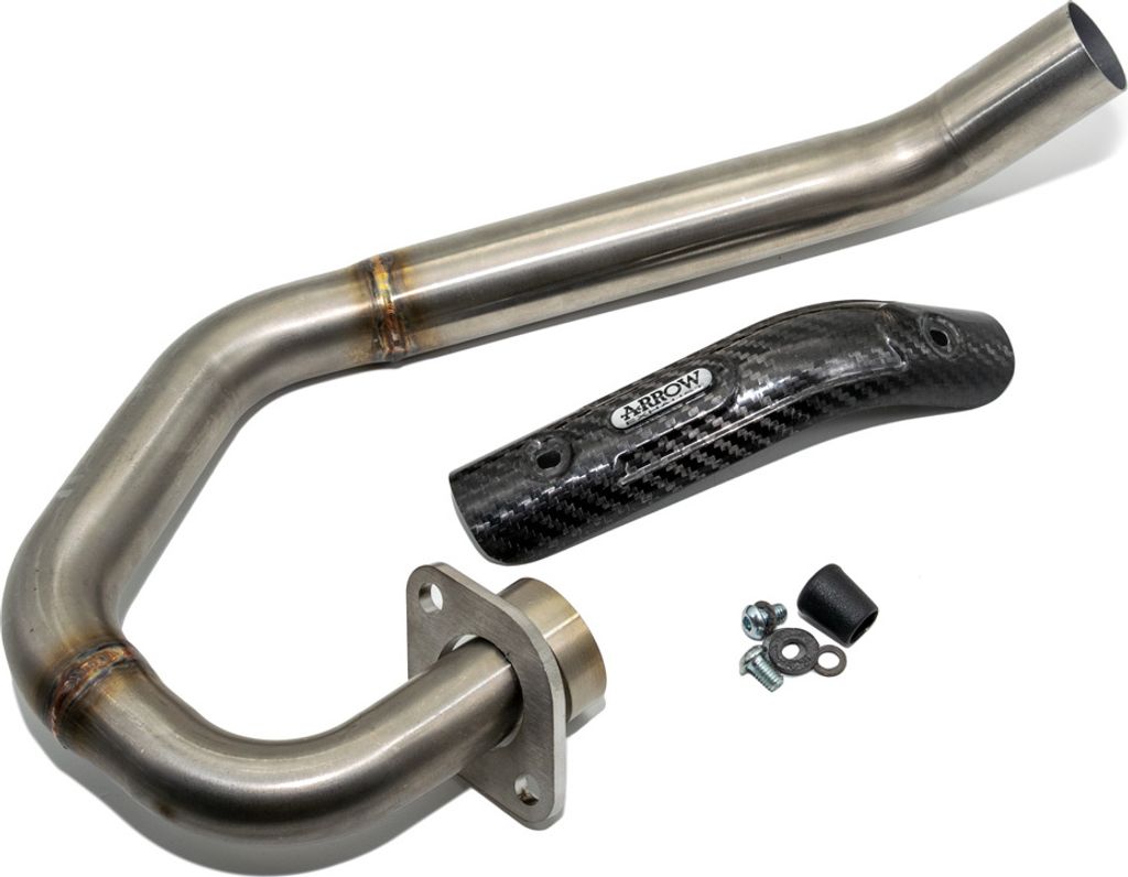 A motorcycle exhaust pipe and heat shield are displayed on a white background.