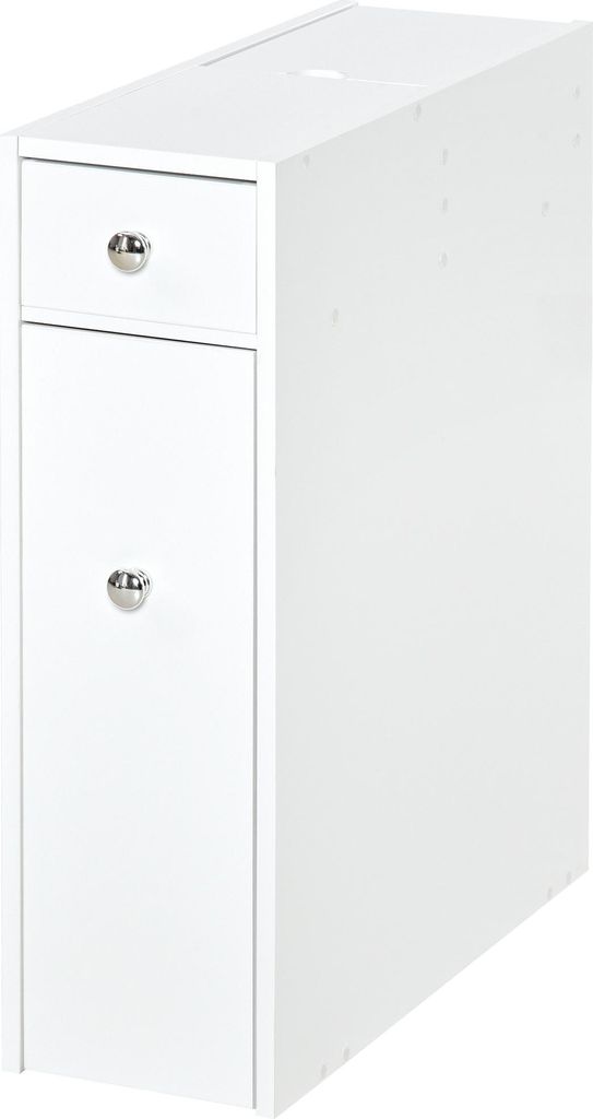 A white bathroom storage unit with a drawer and a cabinet door.