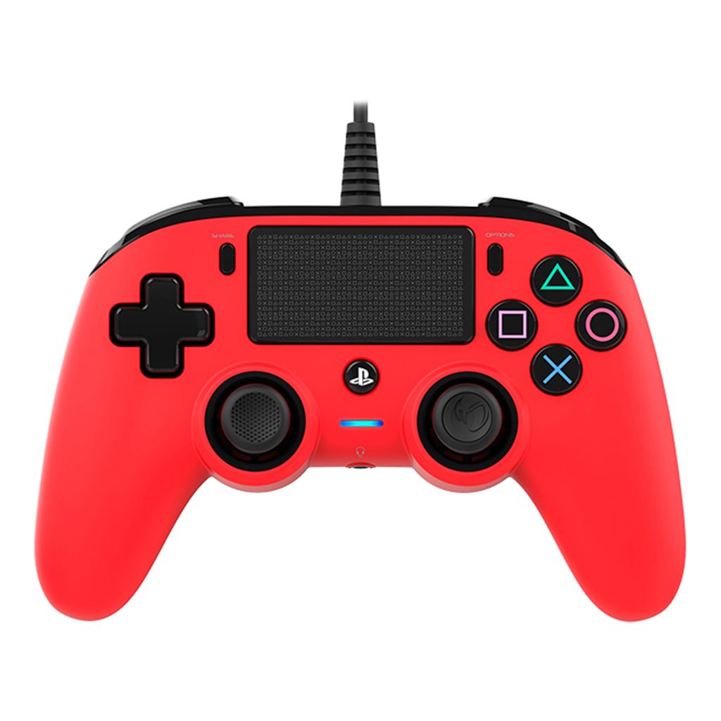 A red and black Nacon PS4 controller is shown from the front on a white background.