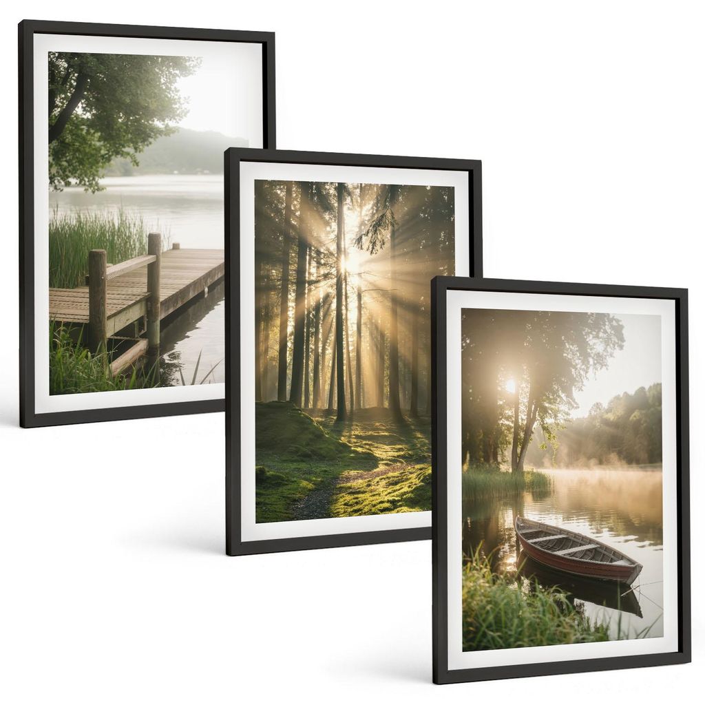 Bilder Set 3-teilig im schwarzen Rahmen – Wandbilder 3 Stück – gerahmte Poster für Wohnzimmer, Schlafzimmer und Flur – 40x60 cm – See, Wa...