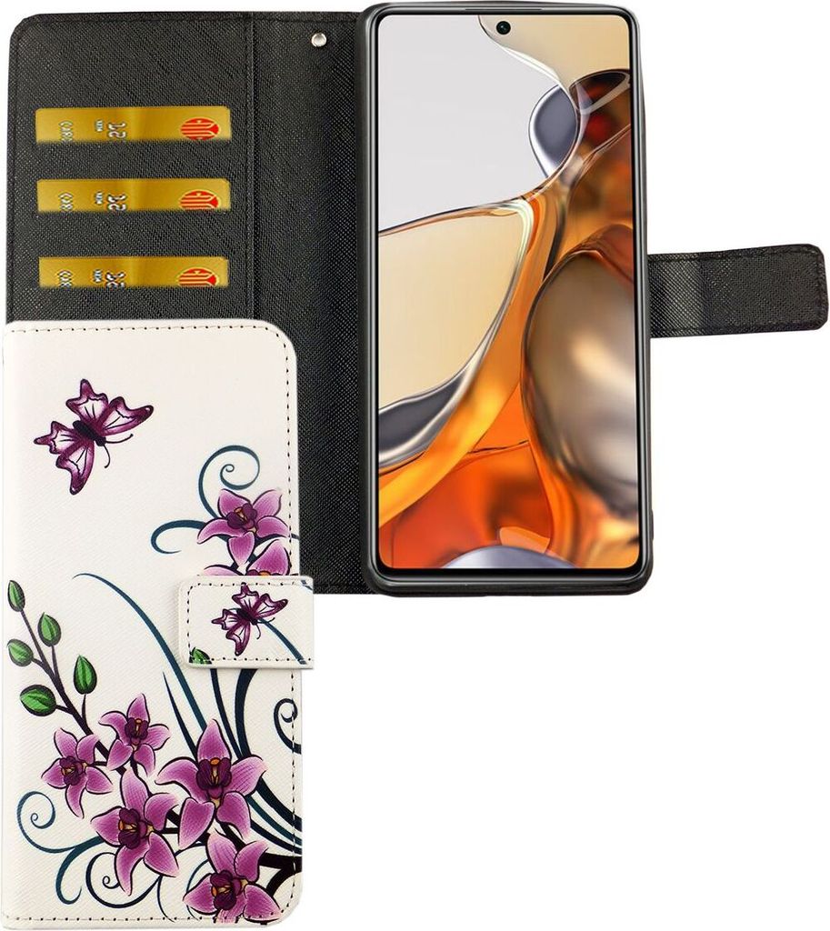 Xiaomi 11T Pro Tasche Handy Hülle Schutz-Cover Flip-Case mit Kartenfach, Farbe:Lotusblume Weiß