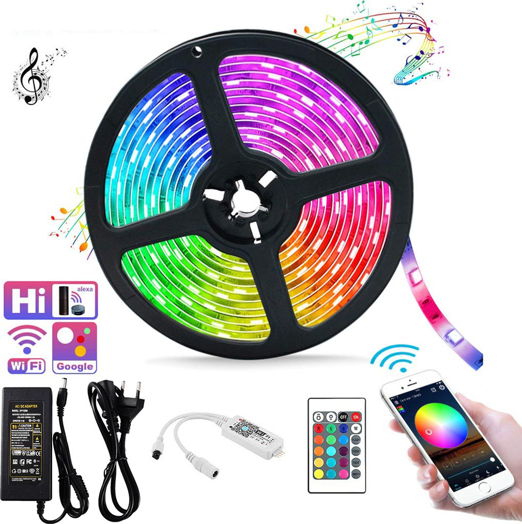 5M 12V LED Streifen WiFi Controller IP65 Wasserfest RGB Led Lichtband Lichtleiste mit Fernbedienung und Stromkabel, 150LEDs