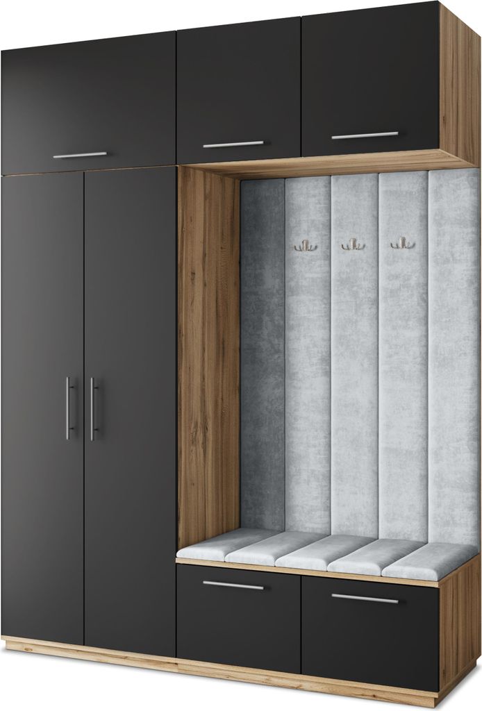 Masseno Garderobe-Set REMA 180/240/60 cm Modern Garderobenschrank Eiche Wotan, Veloursstoff MONOLITH 84 (Hellgrau)