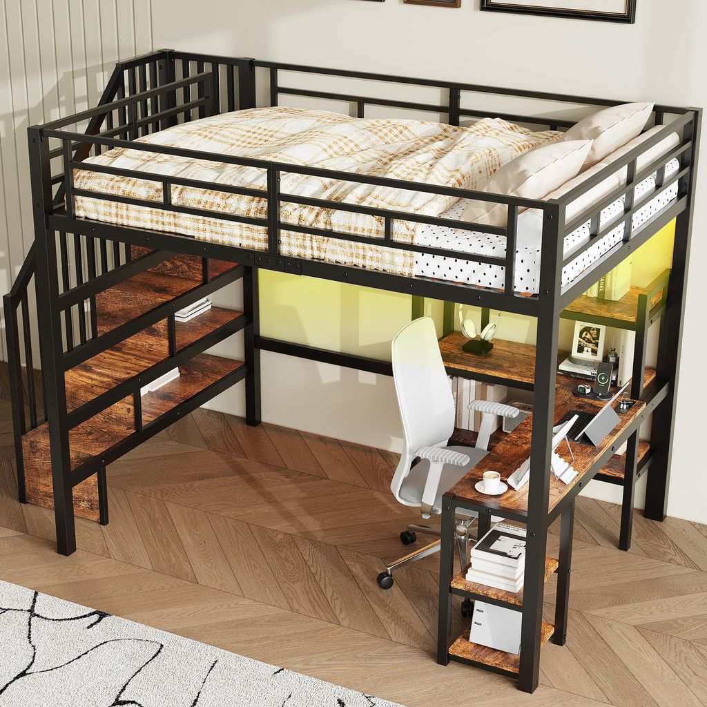 STILVORA Hochbett 140x200 cm aus Metall mit Treppe und integriertem Schreibtisch, Etagenbett mit Staufächern und USB-Ladestation, Kinderbett mit L...