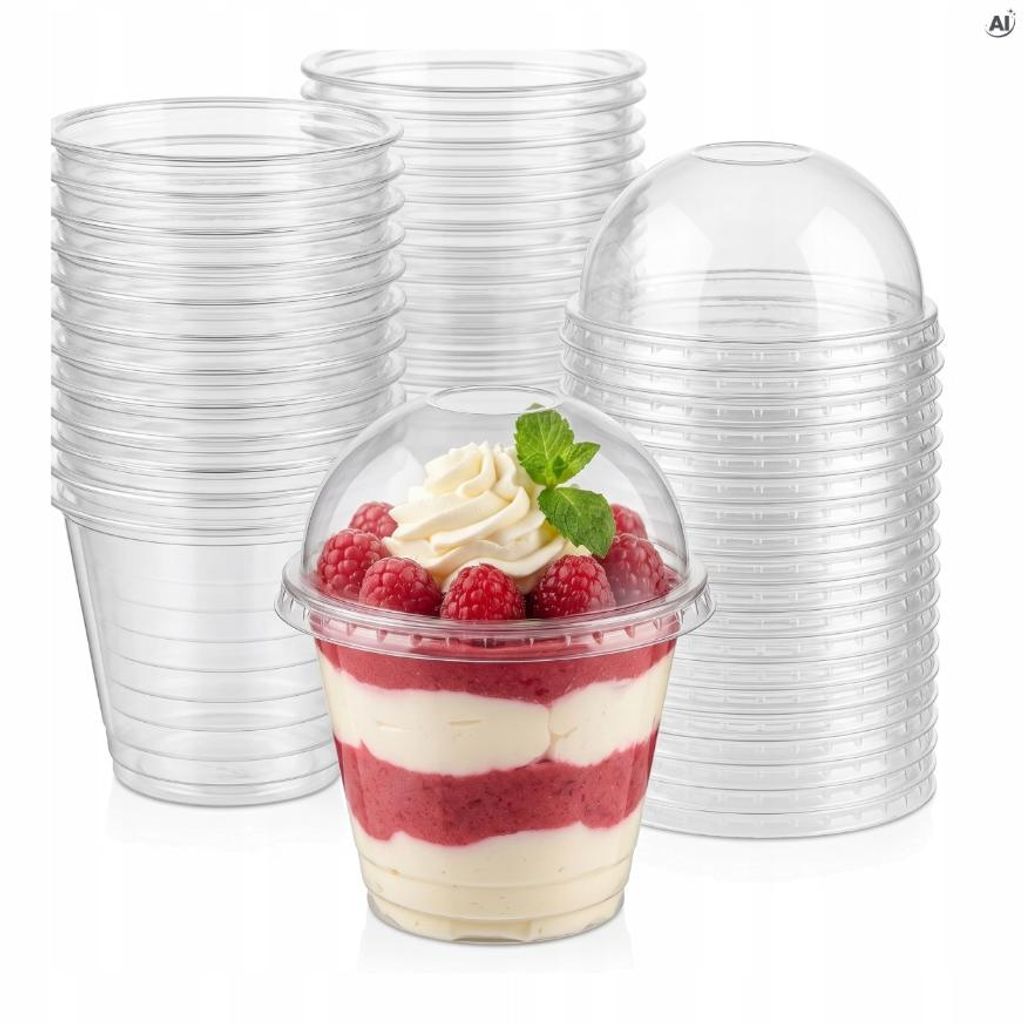 Dessertbecher 50er Set 270 ml - transparent aus PET mit Deckel und Kuppel